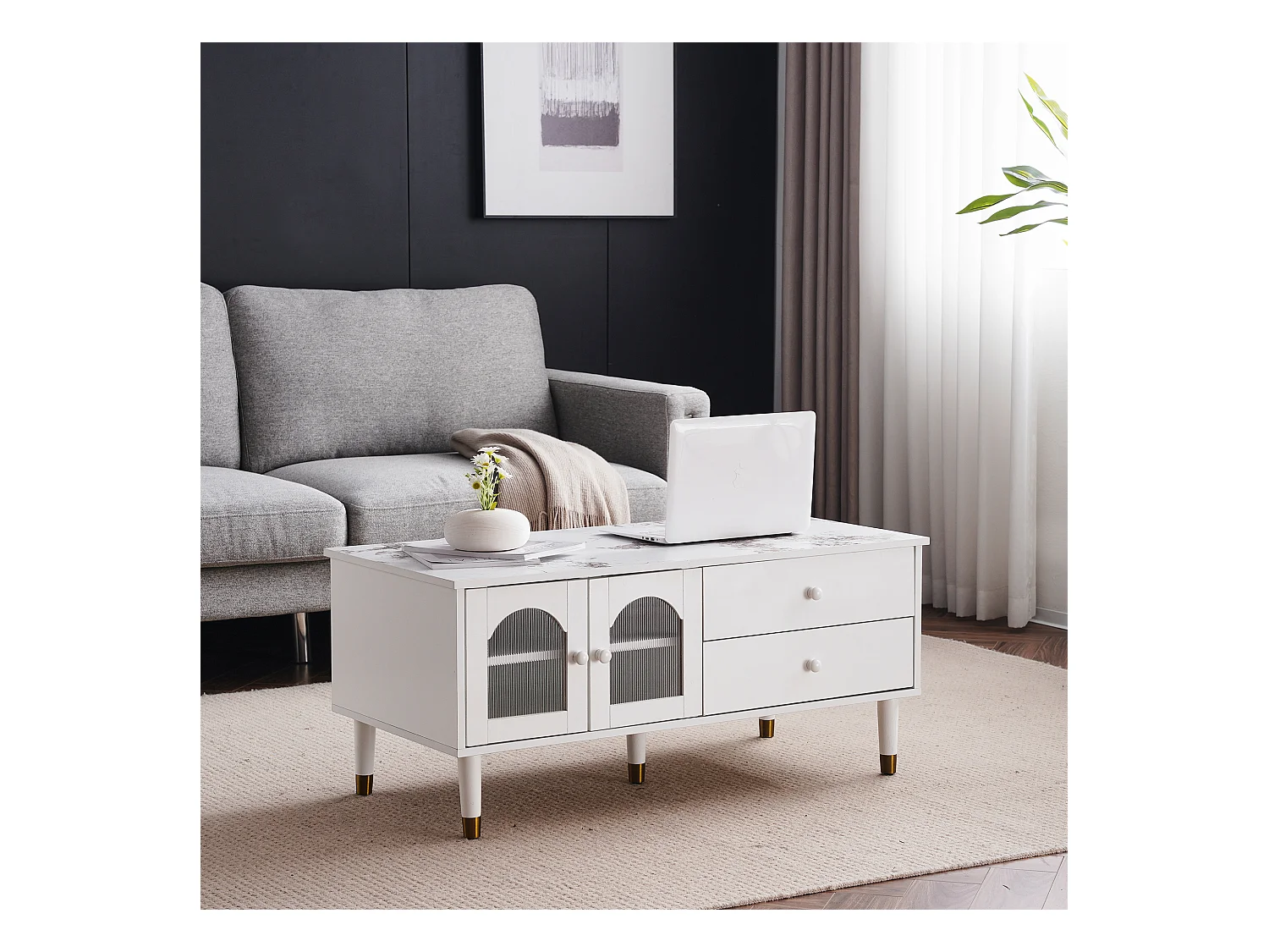 Salontafel met 2 deuren 2 laden, MDF-hout, gemarmerd blad, elegante stijl, wit, 100 x 50 x 45,5 cm