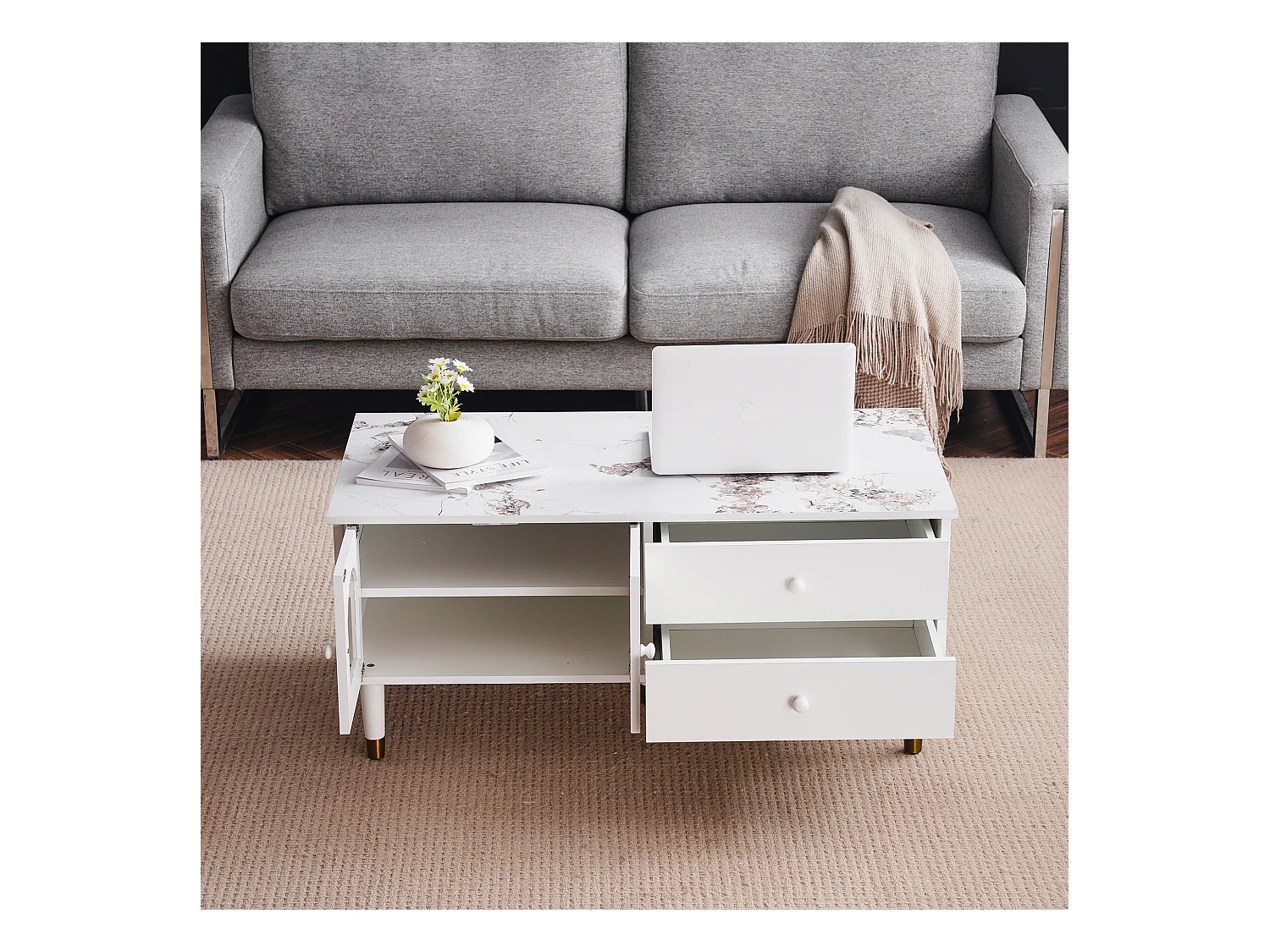 Salontafel met 2 deuren 2 laden, MDF-hout, gemarmerd blad, elegante stijl, wit, 100 x 50 x 45,5 cm