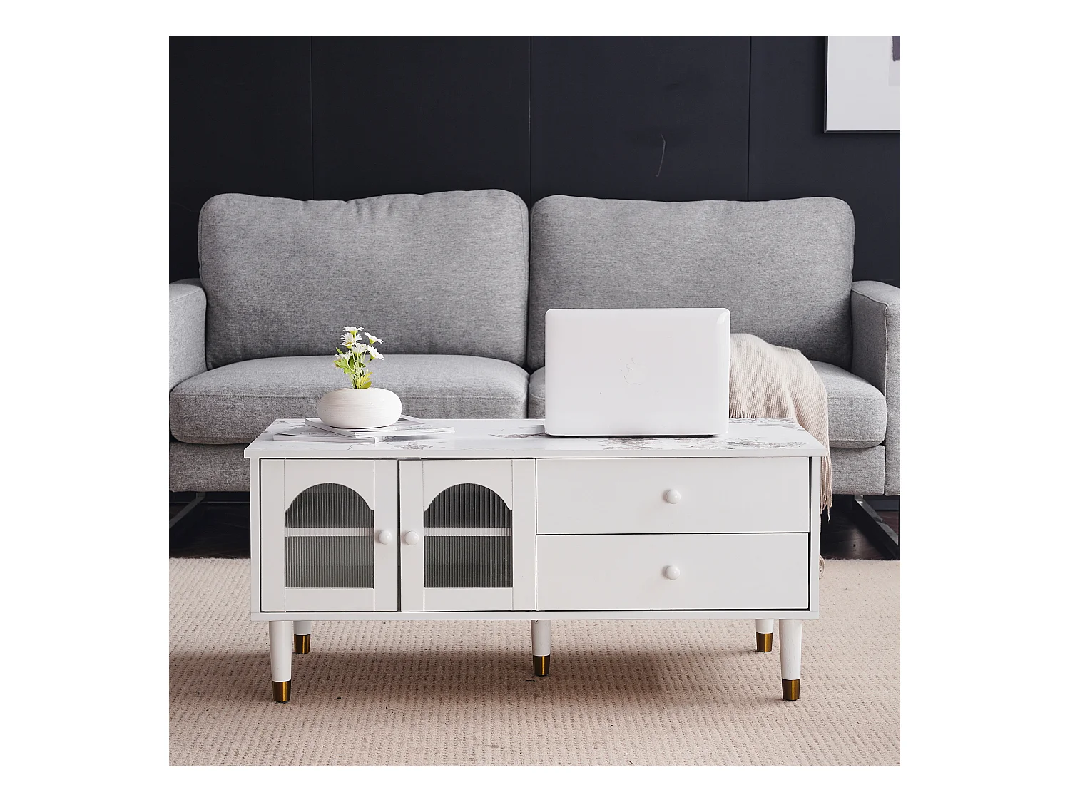 Salontafel met 2 deuren 2 laden, MDF-hout, gemarmerd blad, elegante stijl, wit, 100 x 50 x 45,5 cm