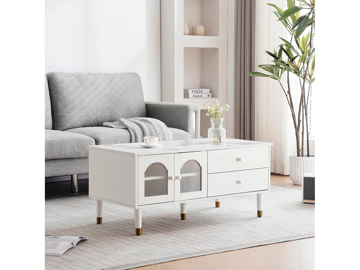 Table basse avec 2 portes 2 tiroirs, bois MDF, plateau marbré, style élégant, blanc, 100 x 50 x 45.5 cm