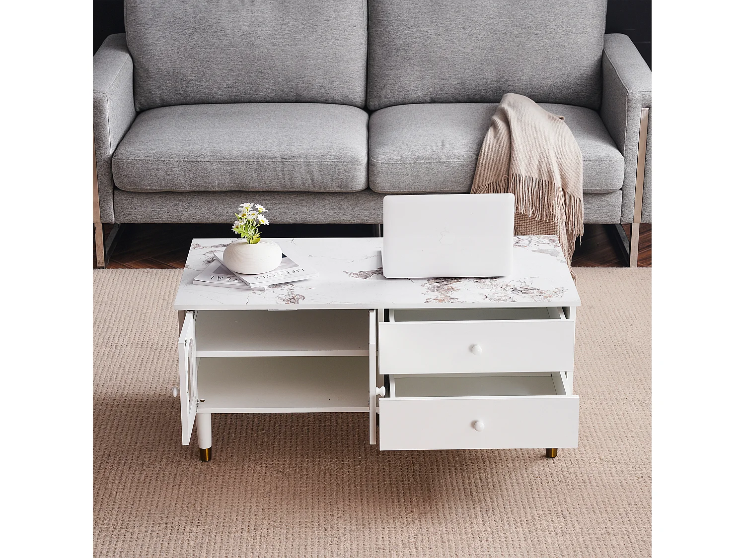Table basse avec 2 portes 2 tiroirs, bois MDF, plateau marbré, style élégant, blanc, 100 x 50 x 45.5 cm