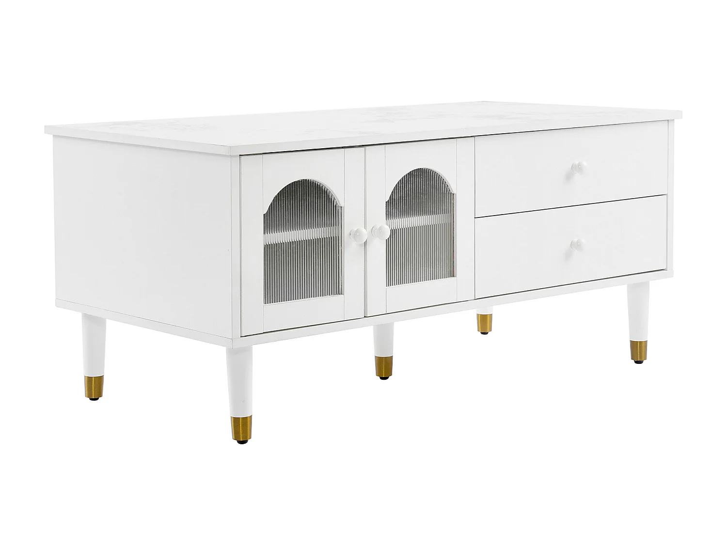 Table basse avec 2 portes 2 tiroirs, bois MDF, plateau marbré, style élégant, blanc, 100 x 50 x 45.5 cm