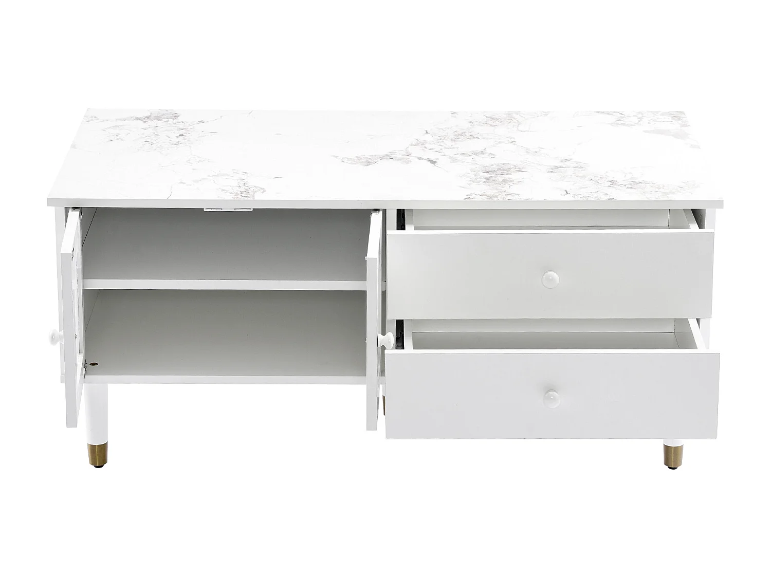 Table basse avec 2 portes 2 tiroirs, bois MDF, plateau marbré, style élégant, blanc, 100 x 50 x 45.5 cm