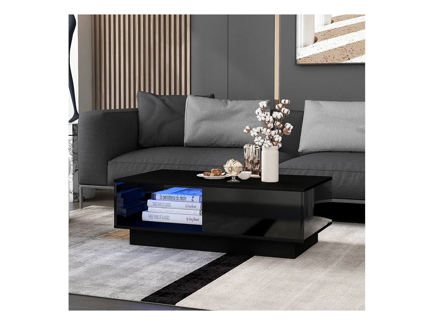 Table basse moderne, table de salon avec 1 tiroir et 1 compartiment, haute brillance, LEDs, bois MDF, noir
