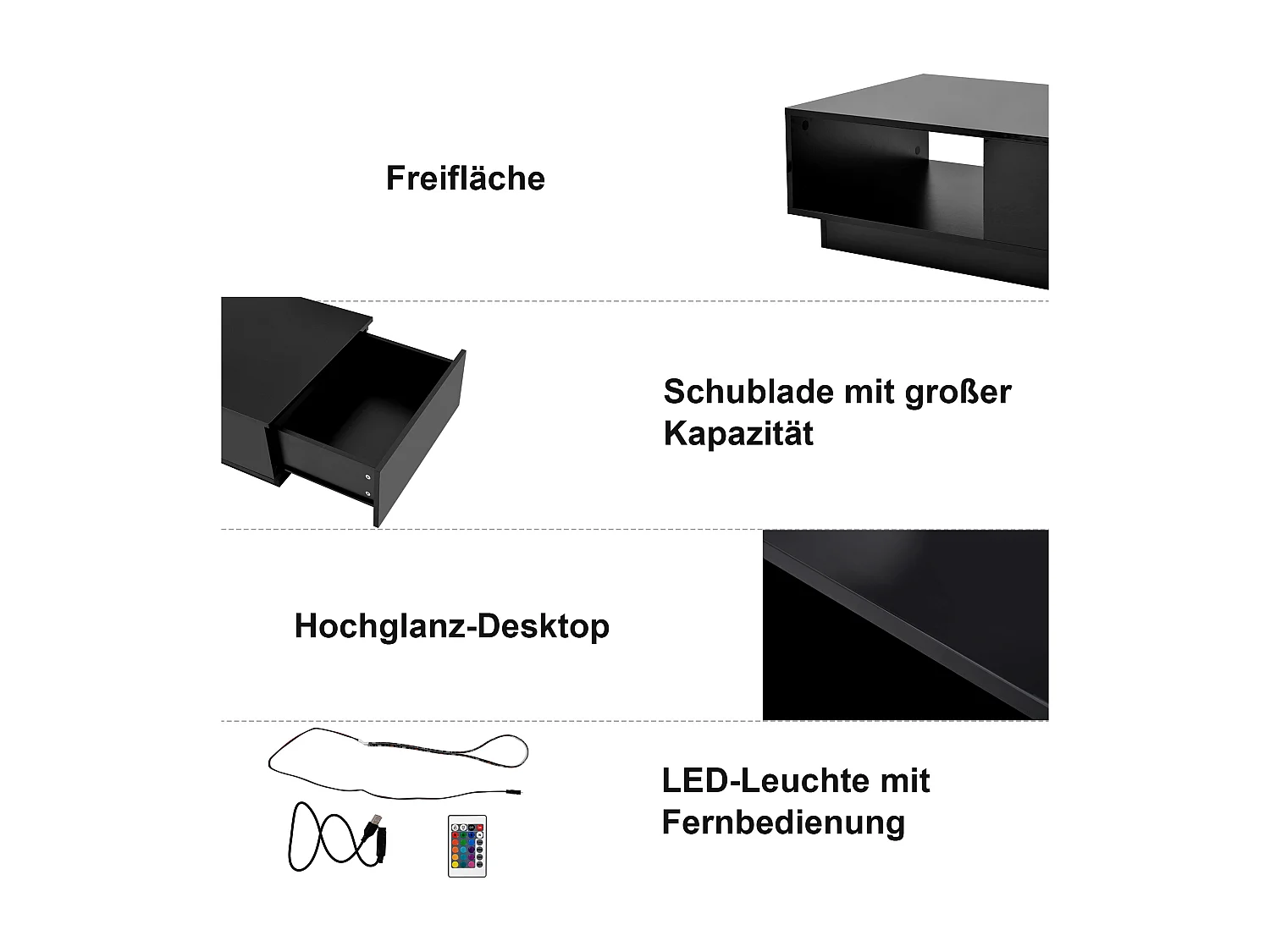 Table basse moderne, table de salon avec 1 tiroir et 1 compartiment, haute brillance, LEDs, bois MDF, noir