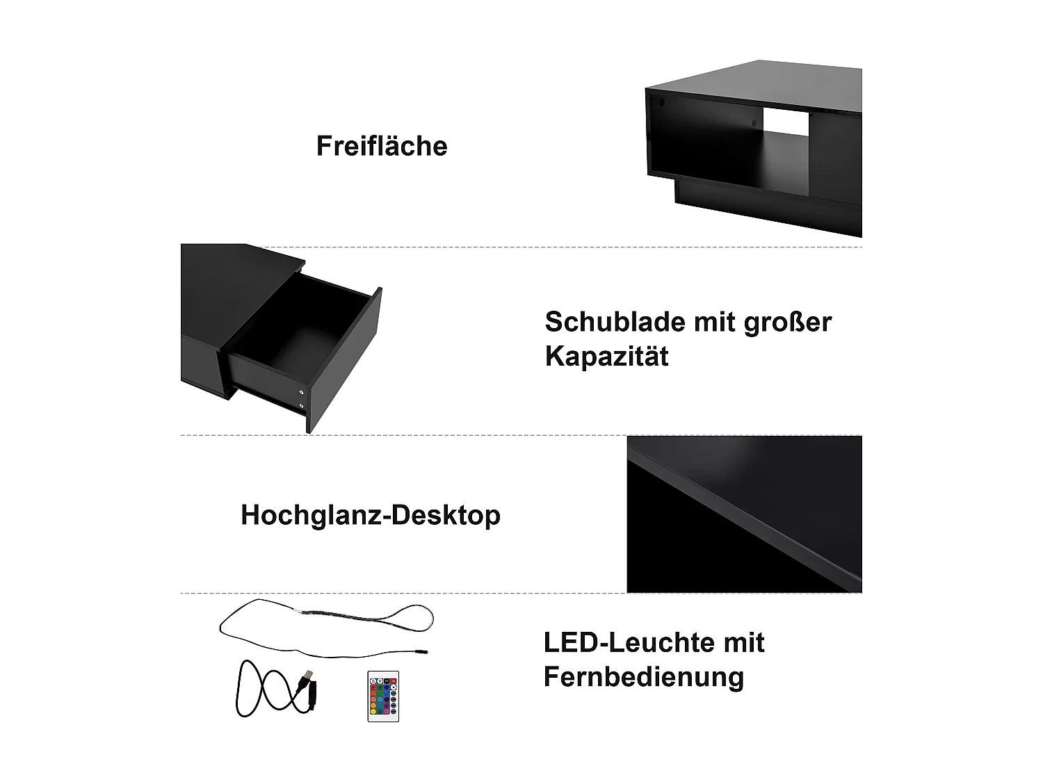 Table basse moderne, table de salon avec 1 tiroir et 1 compartiment, haute brillance, LEDs, bois MDF, noir