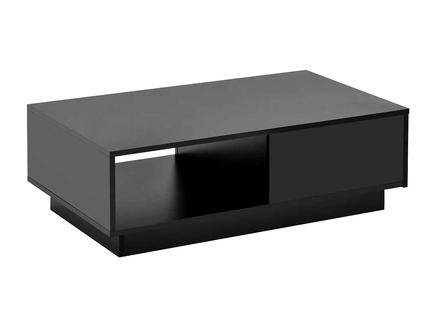 Table basse moderne, table de salon avec 1 tiroir et 1 compartiment, haute brillance, LEDs, bois MDF, noir