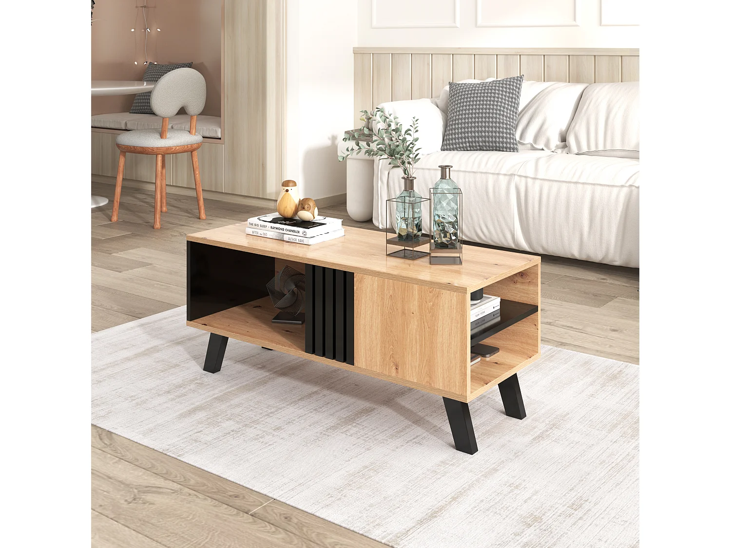 Mesa de centro con 2 estantes y 1 compartimento, mesa auxiliar, tablero de partículas, colores: negro y natural, 100 x 60 x 53 cm