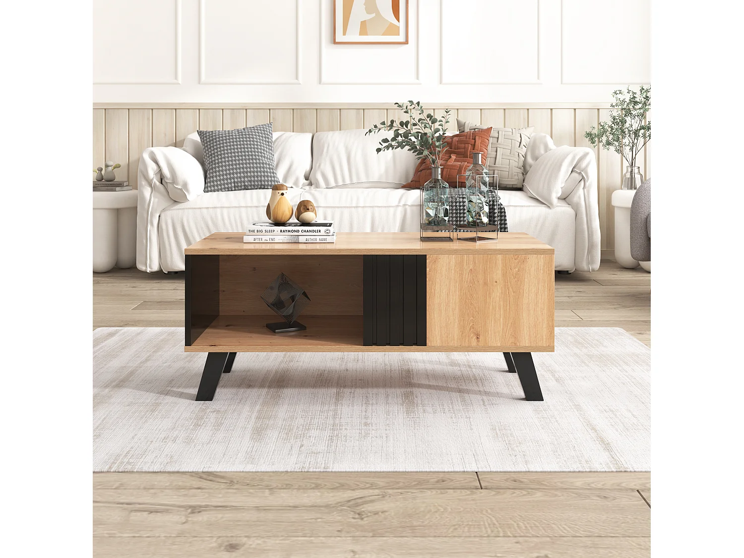 Mesa de centro con 2 estantes y 1 compartimento, mesa auxiliar, tablero de partículas, colores: negro y natural, 100 x 60 x 53 cm