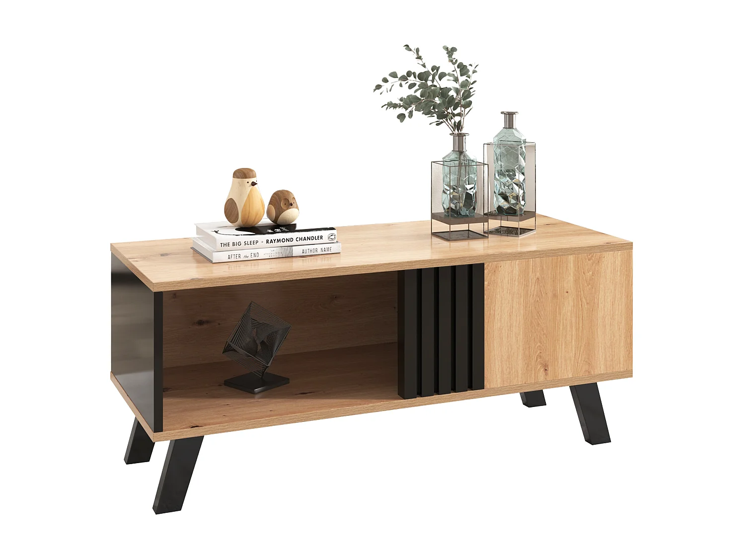 Mesa de centro con 2 estantes y 1 compartimento, mesa auxiliar, tablero de partículas, colores: negro y natural, 100 x 60 x 53 cm