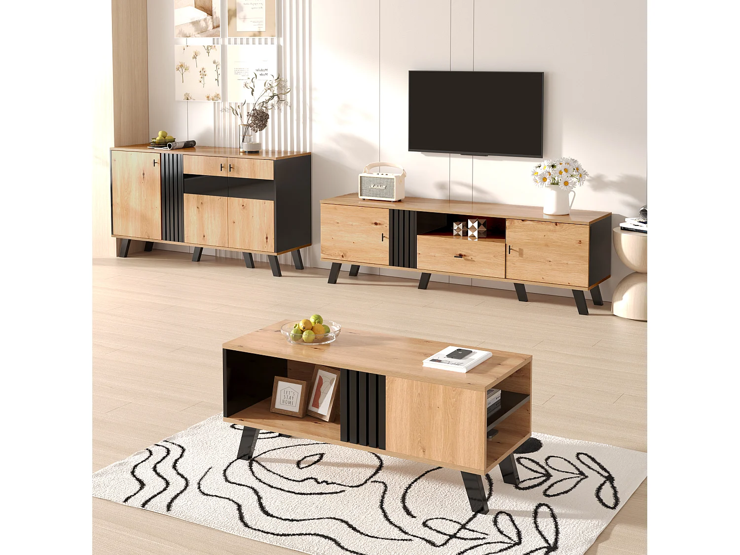 Mesa de centro con 2 estantes y 1 compartimento, mesa auxiliar, tablero de partículas, colores: negro y natural, 100 x 60 x 53 cm