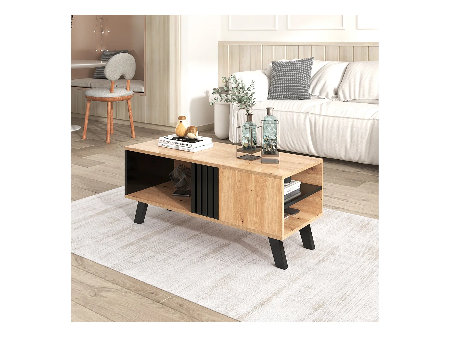 Mesa de centro con 2 estantes y 1 compartimento, mesa auxiliar, tablero de partículas, colores: negro y natural, 100 x 60 x 53 cm