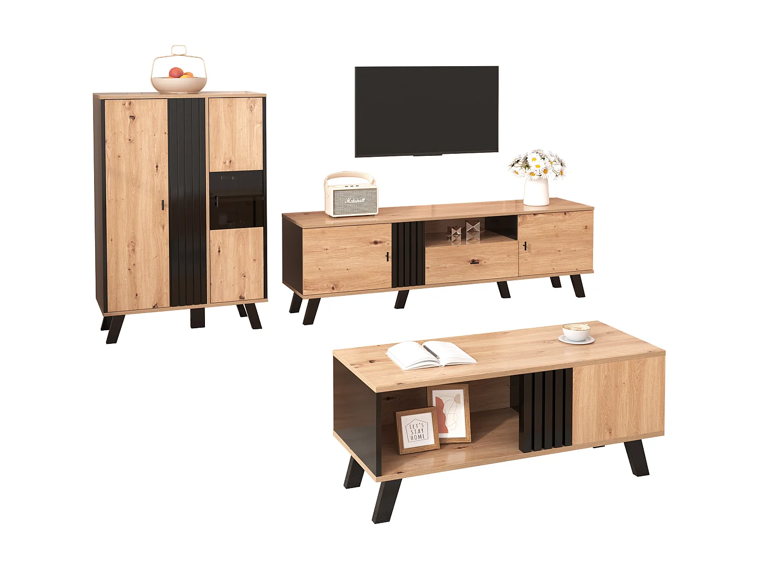 Mesa de centro con 2 estantes y 1 compartimento, mesa auxiliar, tablero de partículas, colores: negro y natural, 100 x 60 x 53 cm