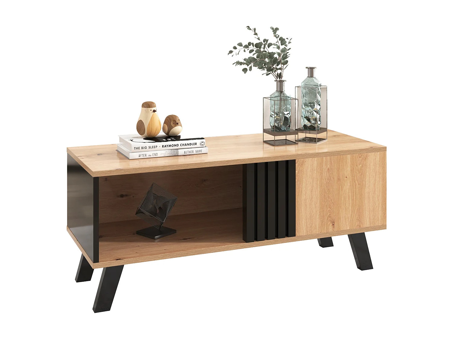 Table basse avec 2 étagères et 1 compartiment, table d'appoint, panneaux de particules, coloris: noir et naturel, 100 x 60 x 53 cm