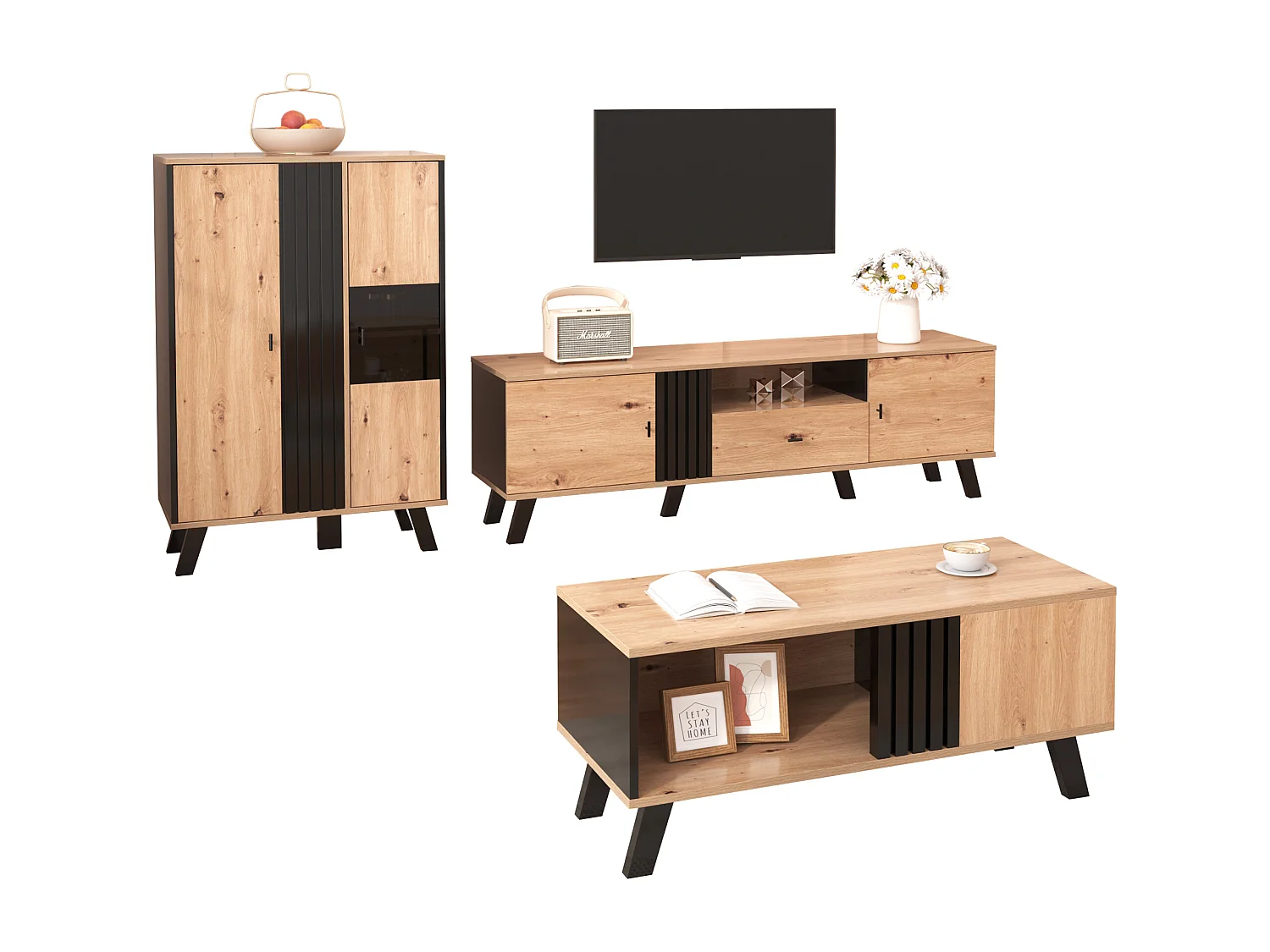 Table basse avec 2 étagères et 1 compartiment, table d'appoint, panneaux de particules, coloris: noir et naturel, 100 x 60 x 53 cm