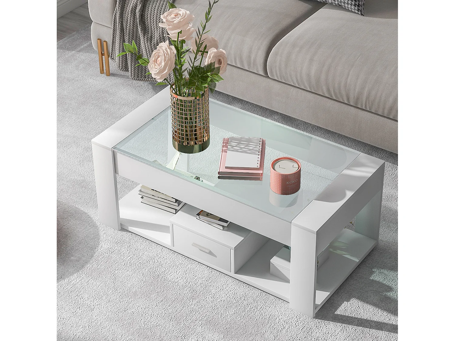 Salontafel in de woonkamer met glazen blad, kluisjes en opbergruimte, Houten frame van spaanplaat, Modern, Wit, 100x50x40cm