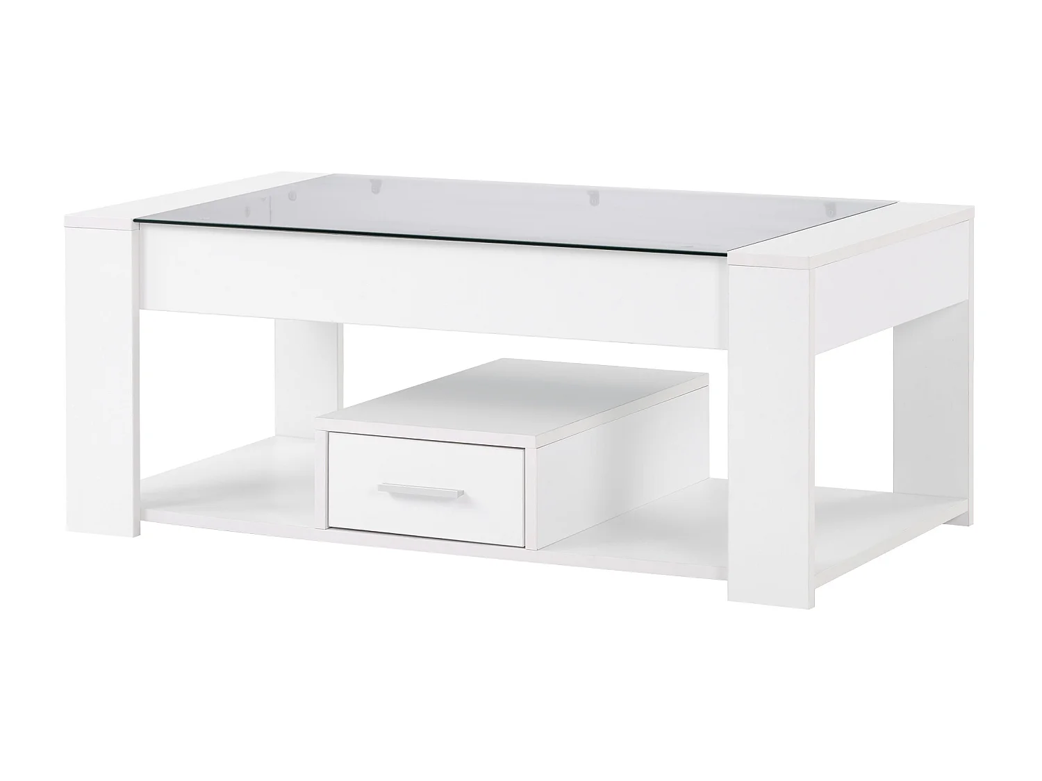 Salontafel in de woonkamer met glazen blad, kluisjes en opbergruimte, Houten frame van spaanplaat, Modern, Wit, 100x50x40cm