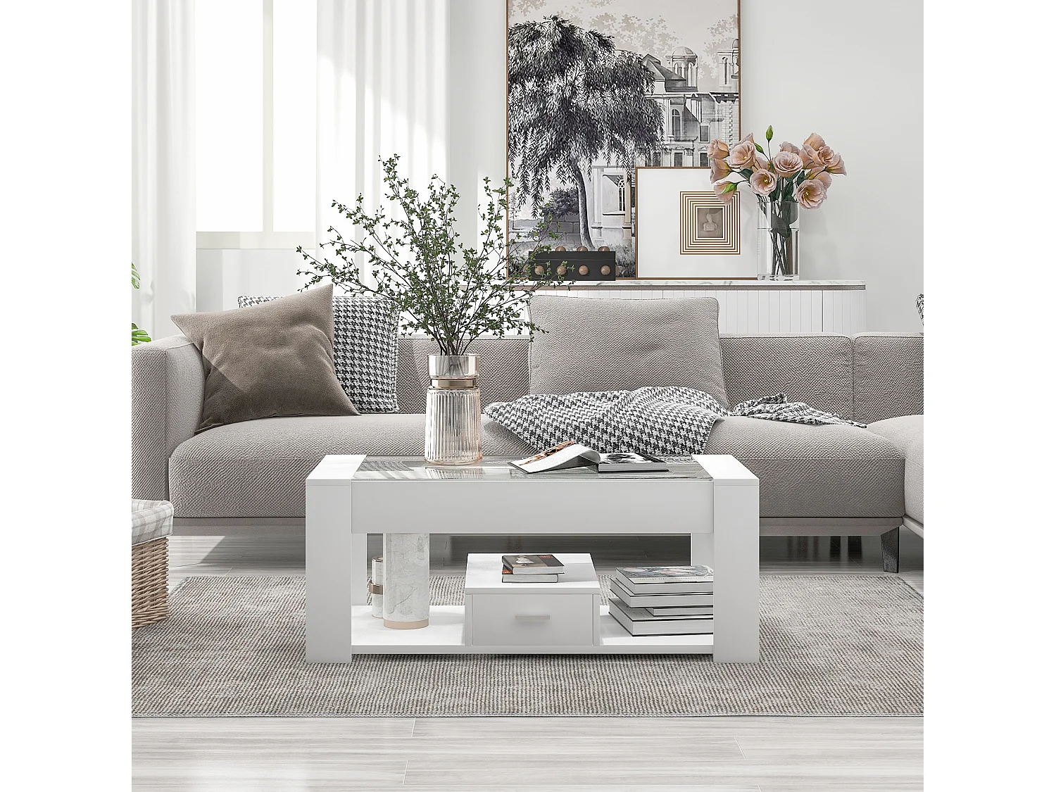 Salontafel in de woonkamer met glazen blad, kluisjes en opbergruimte, Houten frame van spaanplaat, Modern, Wit, 100x50x40cm