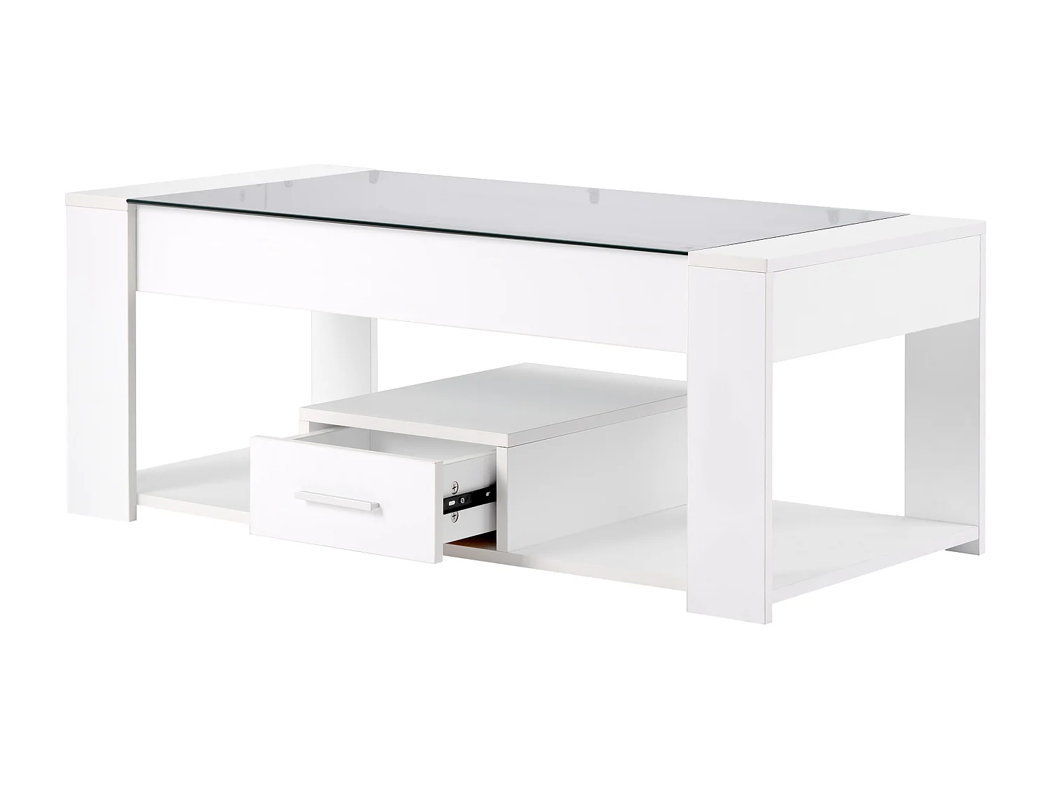 Salontafel in de woonkamer met glazen blad, kluisjes en opbergruimte, Houten frame van spaanplaat, Modern, Wit, 100x50x40cm