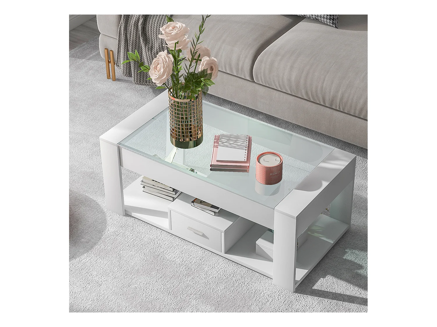Table basse de salon avec plateau en verre, casiers et rangements, Cadre en bois panneau de particules, Moderne, Blanc, 100x50x40cm