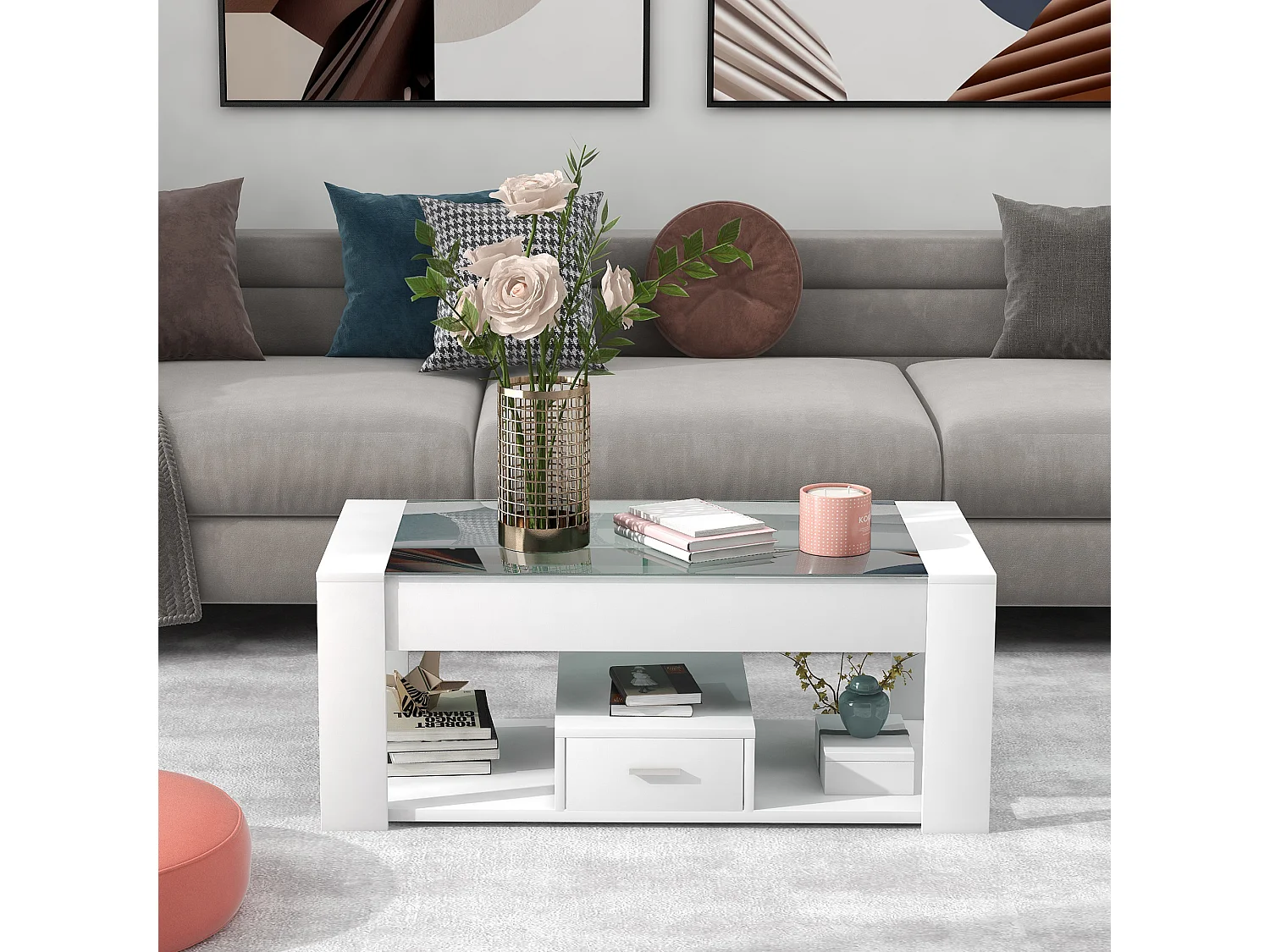 Stolik kawowy do salonu ze szklanym blatem, przegródkami i schowkami, rama drewniana, płyta wiórowa, nowoczesny, biały, 100x50x40cm