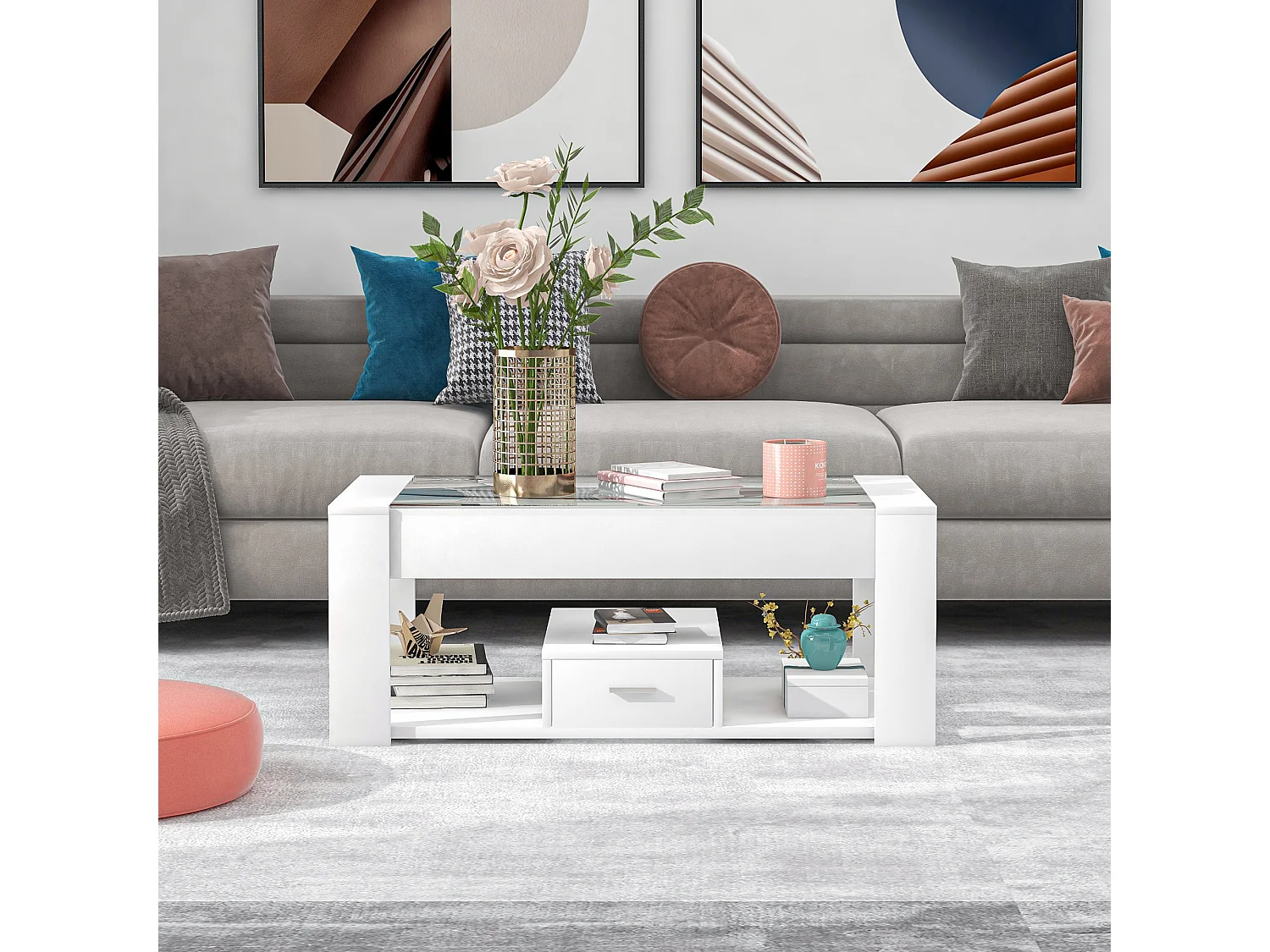 Stolik kawowy do salonu ze szklanym blatem, przegródkami i schowkami, rama drewniana, płyta wiórowa, nowoczesny, biały, 100x50x40cm