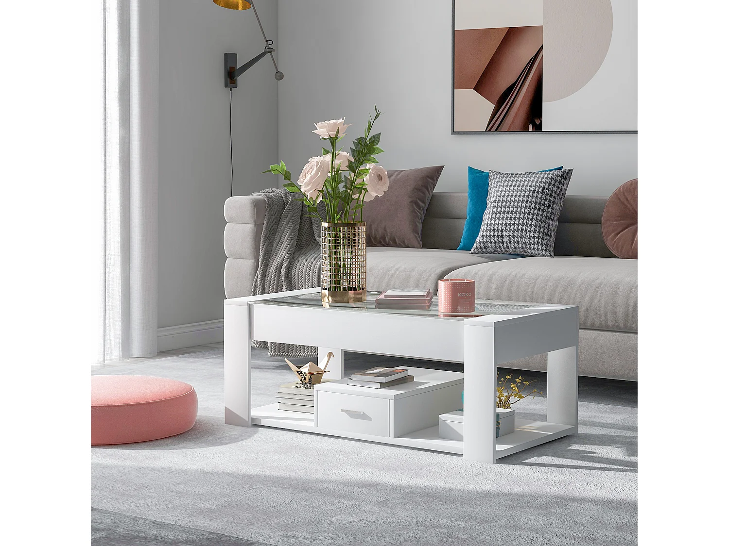 Table basse de salon avec plateau en verre, casiers et rangements, Cadre en bois panneau de particules, Moderne, Blanc, 100x50x40cm