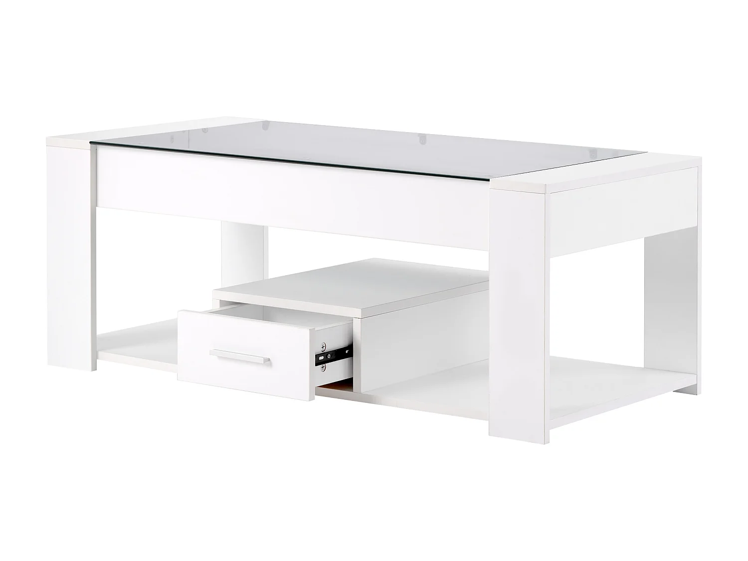 Table basse de salon avec plateau en verre, casiers et rangements, Cadre en bois panneau de particules, Moderne, Blanc, 100x50x40cm