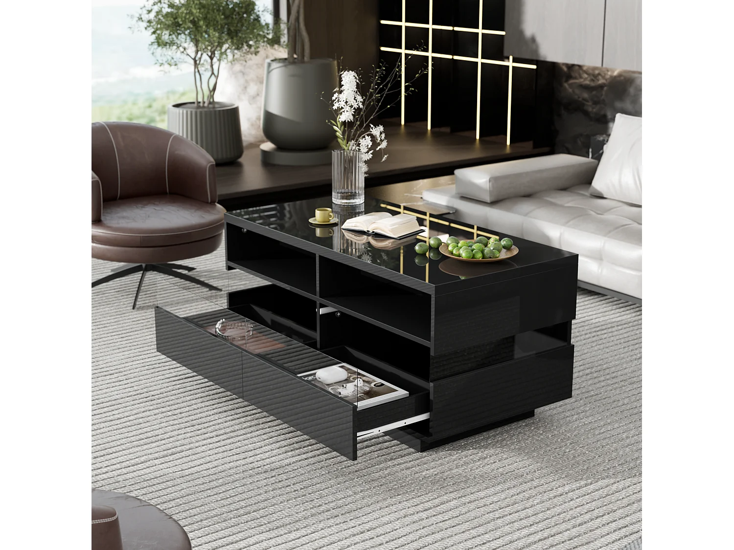 Table basse moderne avec 2 tiroirs et 2 compartiments, haute brillance, LEDs, bois panneaux de particules, noir