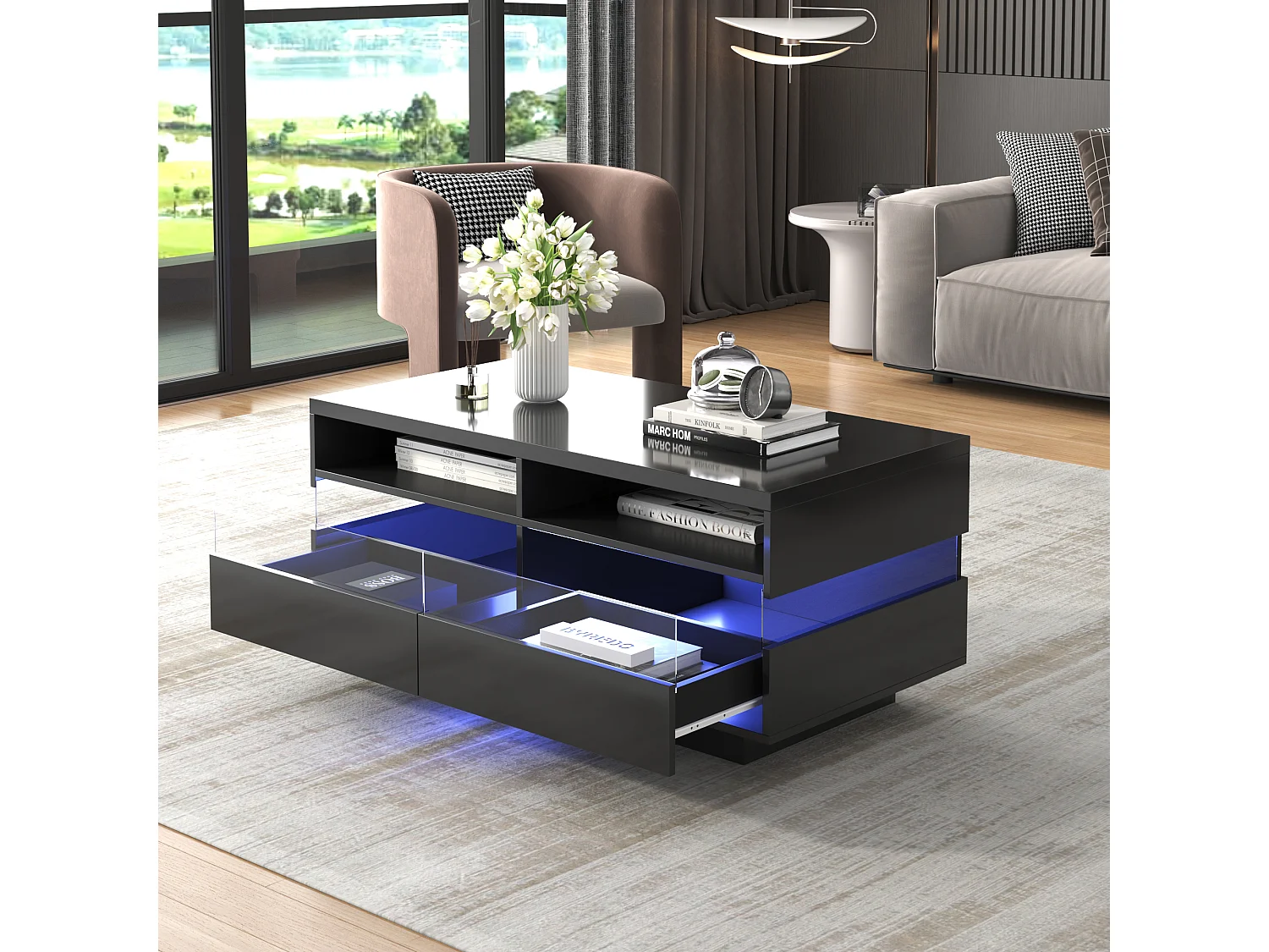 Table basse moderne avec 2 tiroirs et 2 compartiments, haute brillance, LEDs, bois panneaux de particules, noir