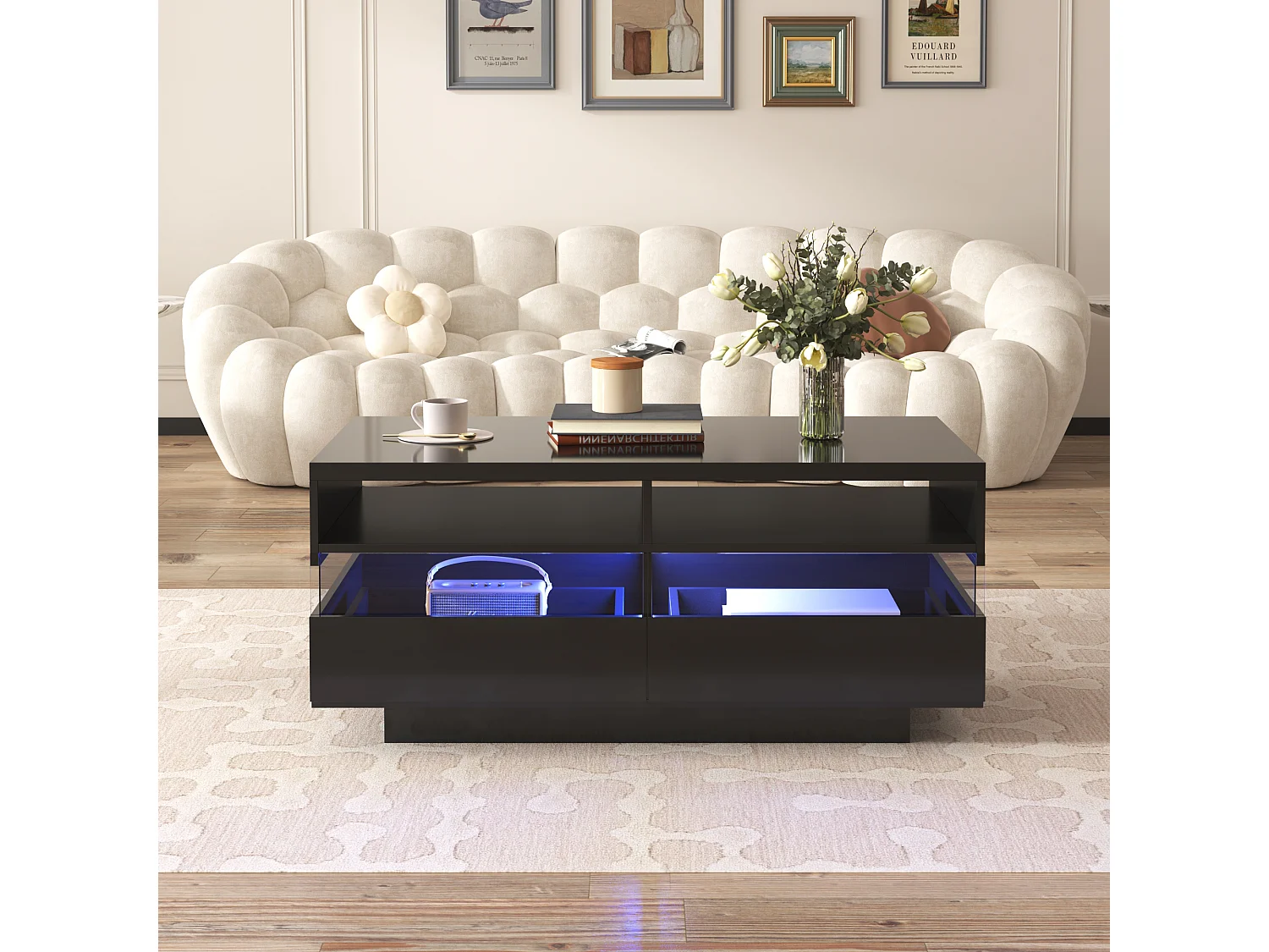 Table basse moderne avec 2 tiroirs et 2 compartiments, haute brillance, LEDs, bois panneaux de particules, noir