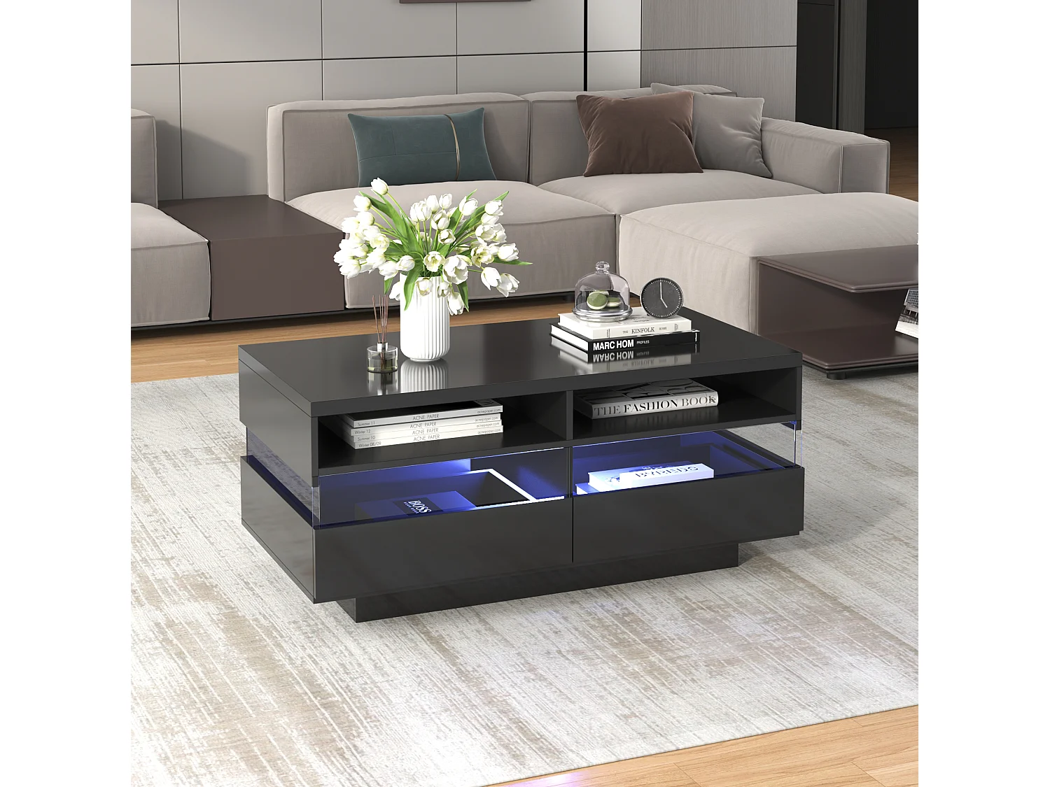 Table basse moderne avec 2 tiroirs et 2 compartiments, haute brillance, LEDs, bois panneaux de particules, noir