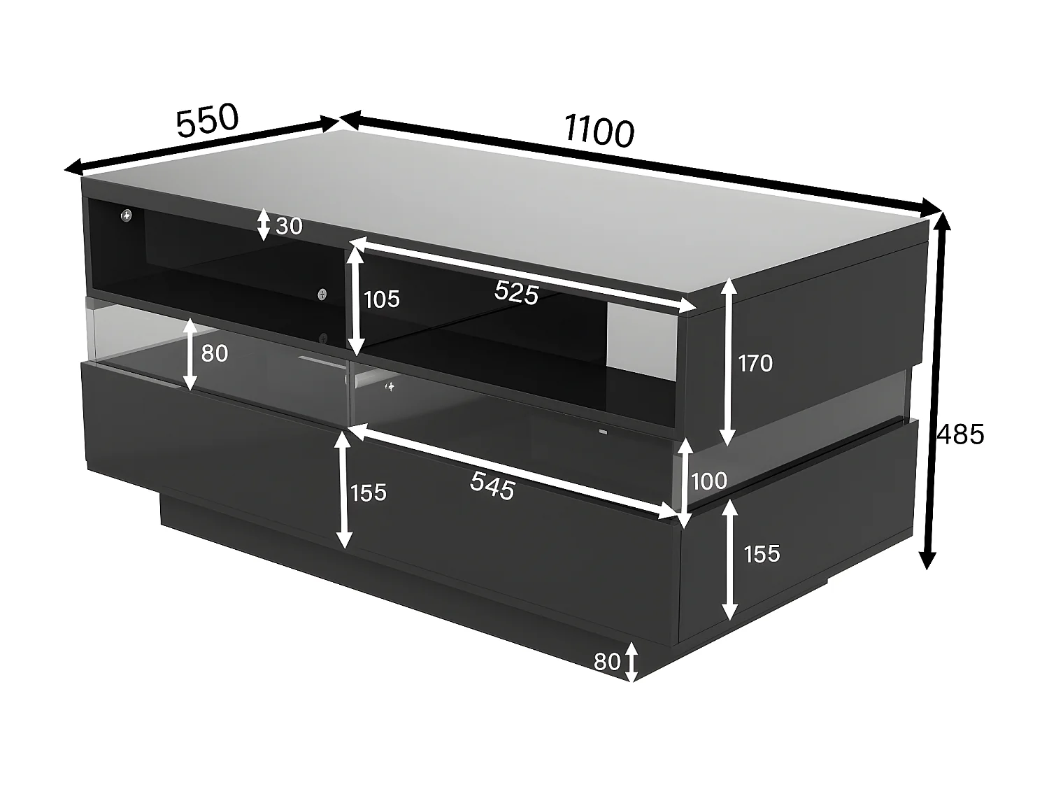 Table basse moderne avec 2 tiroirs et 2 compartiments, haute brillance, LEDs, bois panneaux de particules, noir