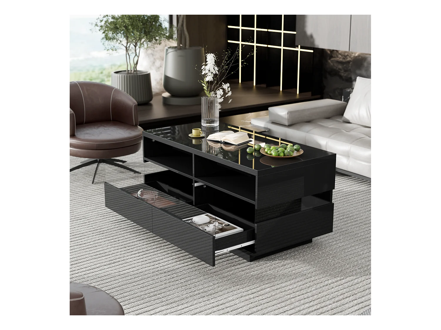 Table basse moderne avec 2 tiroirs et 2 compartiments, haute brillance, LEDs, bois panneaux de particules, noir