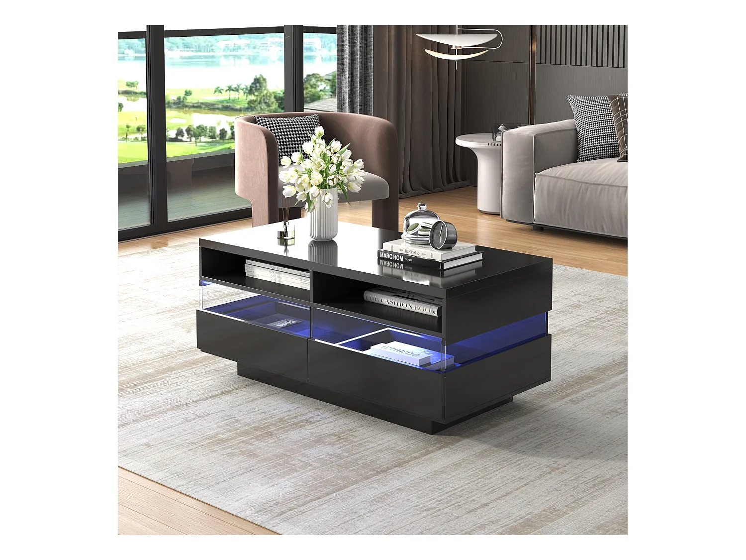 Table basse moderne avec 2 tiroirs et 2 compartiments, haute brillance, LEDs, bois panneaux de particules, noir