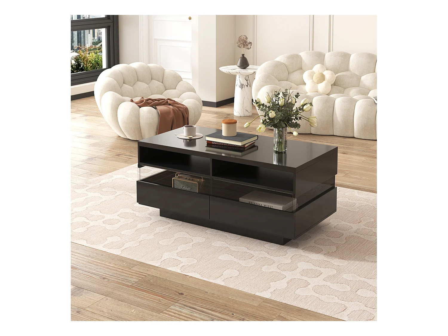 Table basse moderne avec 2 tiroirs et 2 compartiments, haute brillance, LEDs, bois panneaux de particules, noir