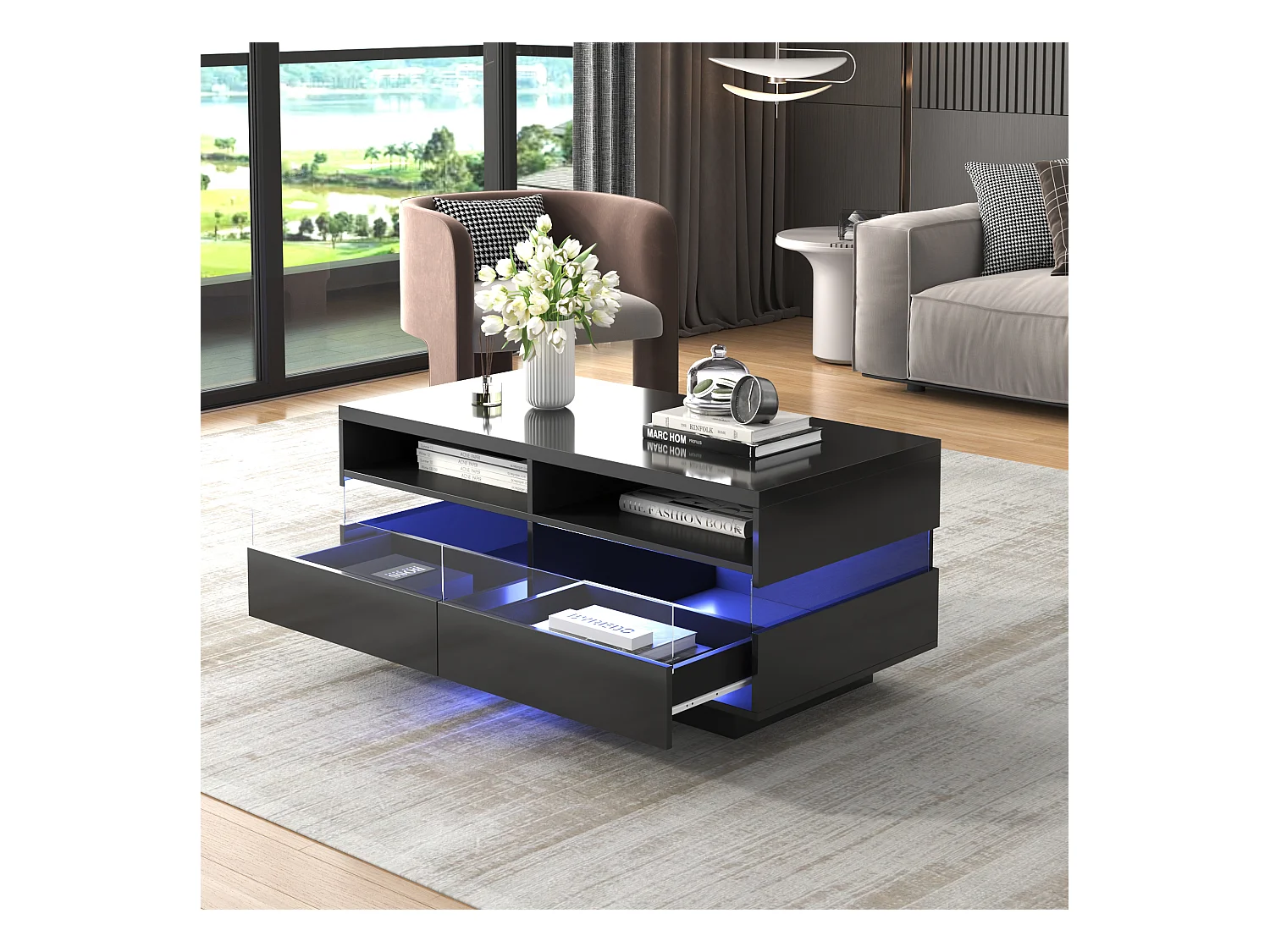 Table basse moderne avec 2 tiroirs et 2 compartiments, haute brillance, LEDs, bois panneaux de particules, noir