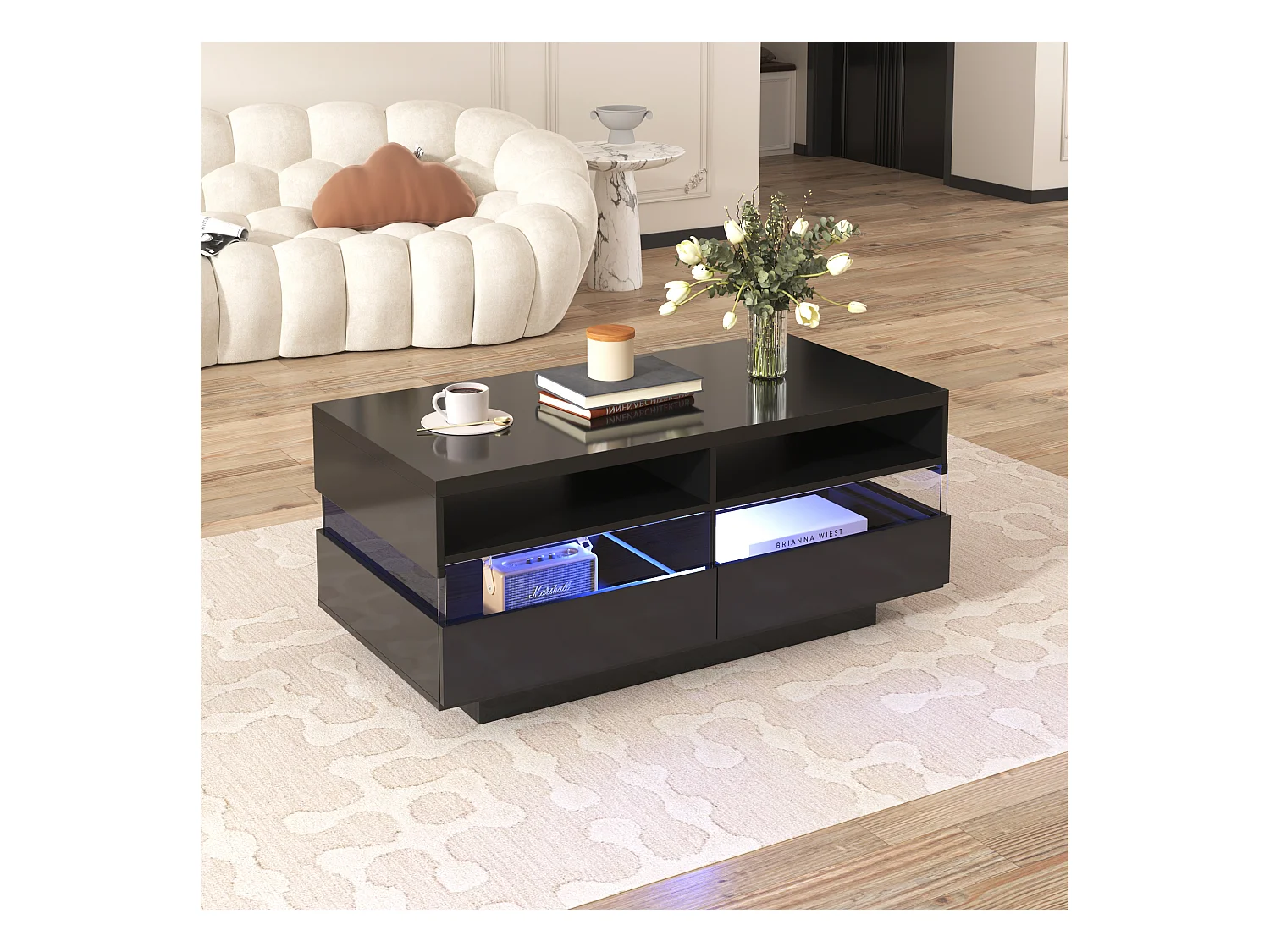 Table basse moderne avec 2 tiroirs et 2 compartiments, haute brillance, LEDs, bois panneaux de particules, noir