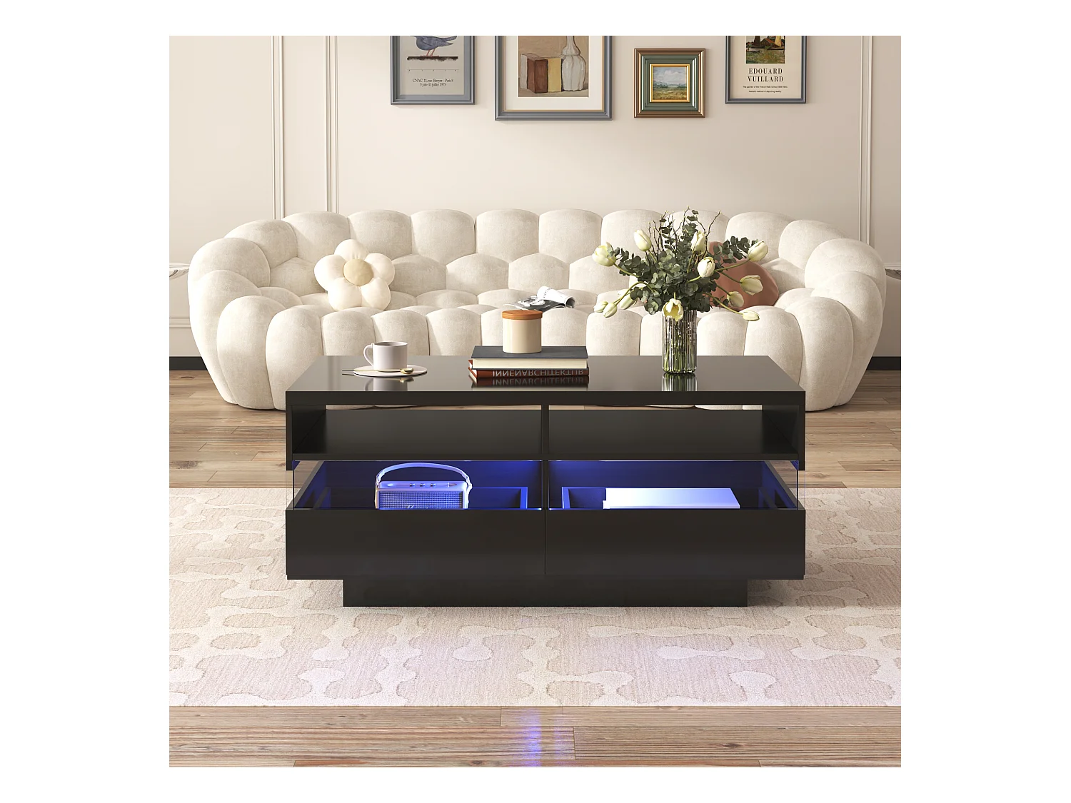 Table basse moderne avec 2 tiroirs et 2 compartiments, haute brillance, LEDs, bois panneaux de particules, noir