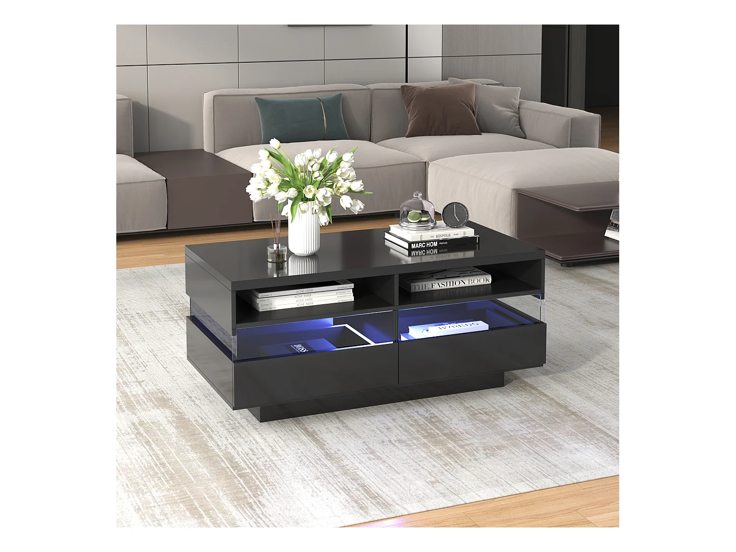 Table basse moderne avec 2 tiroirs et 2 compartiments, haute brillance, LEDs, bois panneaux de particules, noir