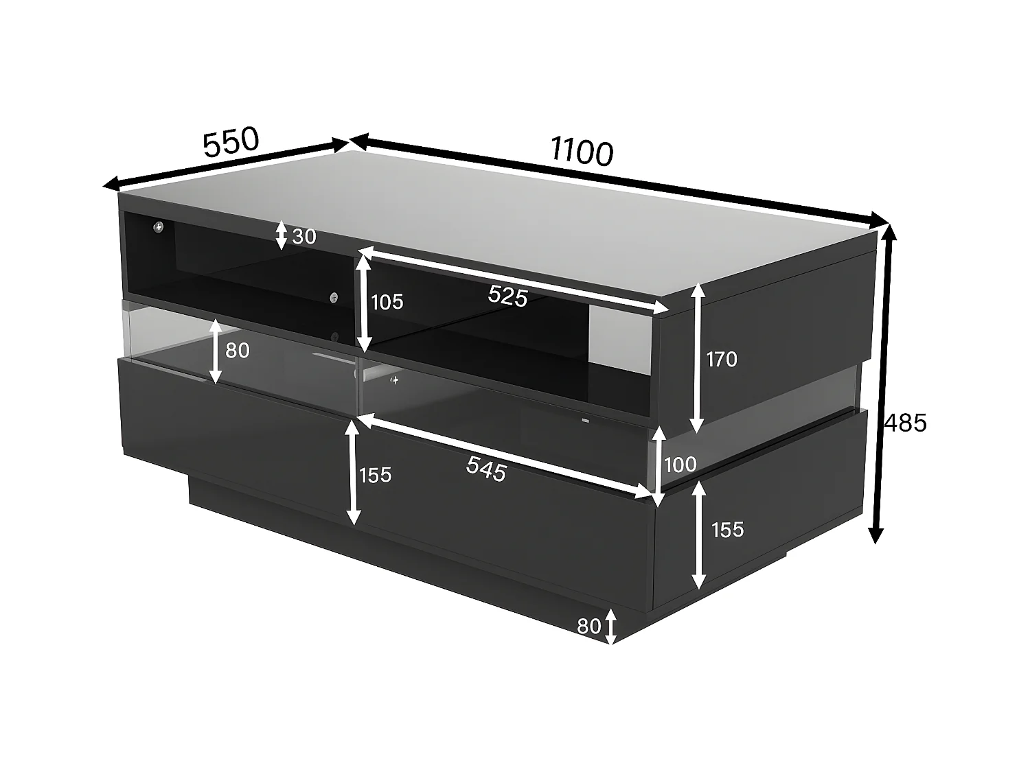 Table basse moderne avec 2 tiroirs et 2 compartiments, haute brillance, LEDs, bois panneaux de particules, noir