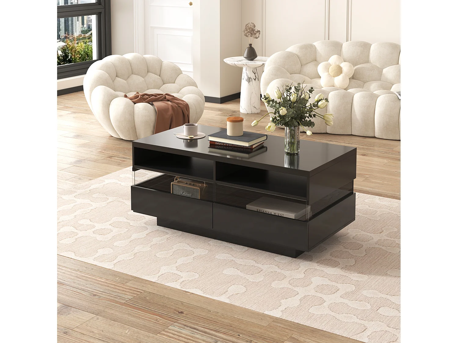 Mesa de centro moderna con 2 cajones y 2 compartimentos, alto brillo, LED, madera de aglomerado, negro