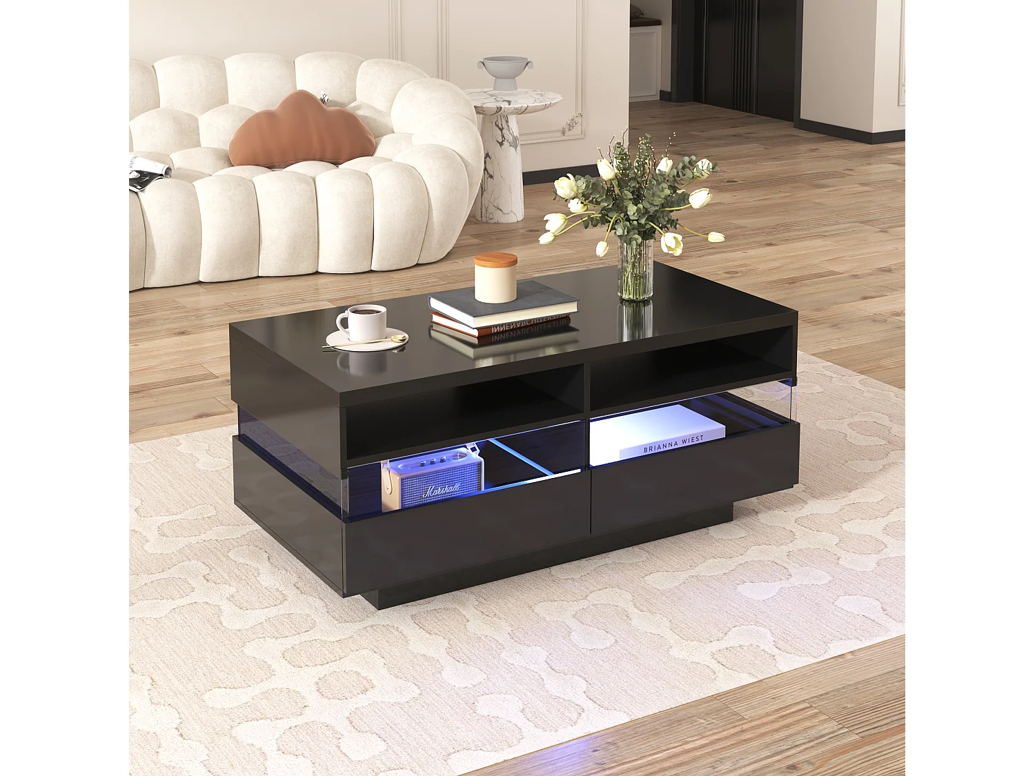 Mesa de centro moderna con 2 cajones y 2 compartimentos, alto brillo, LED, madera de aglomerado, negro