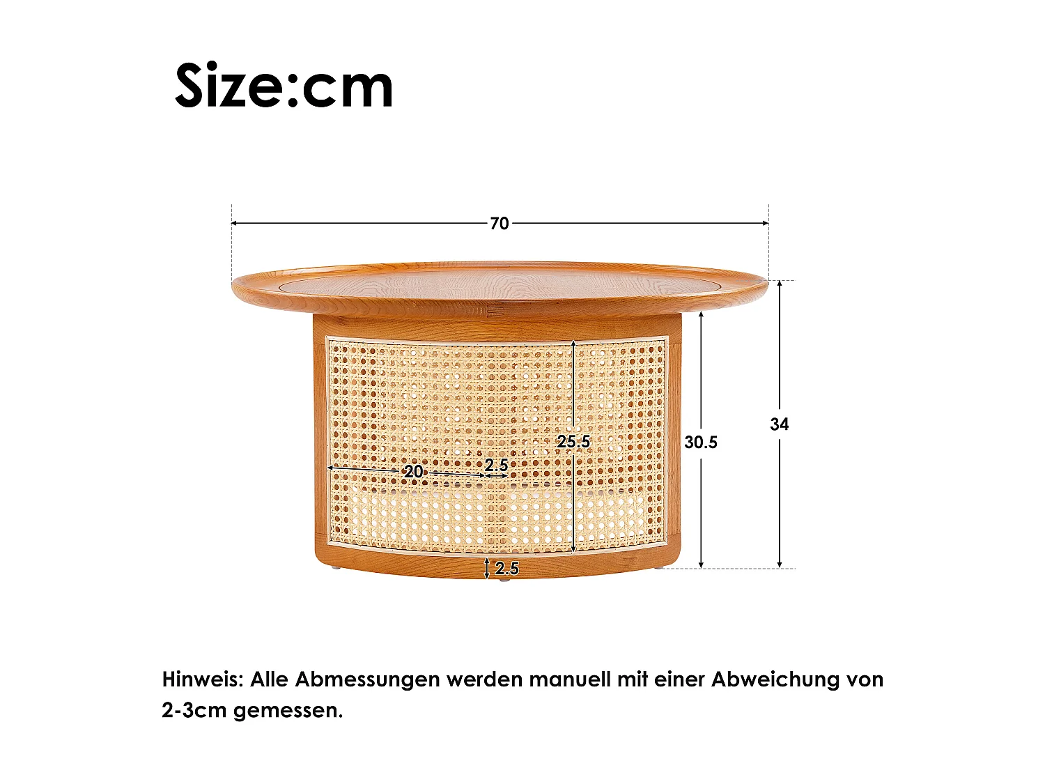 Ronde salontafel van massief hout, rotan decor, elegante bijzettafel, eikenkleur, 70 x 70 x 34 cm