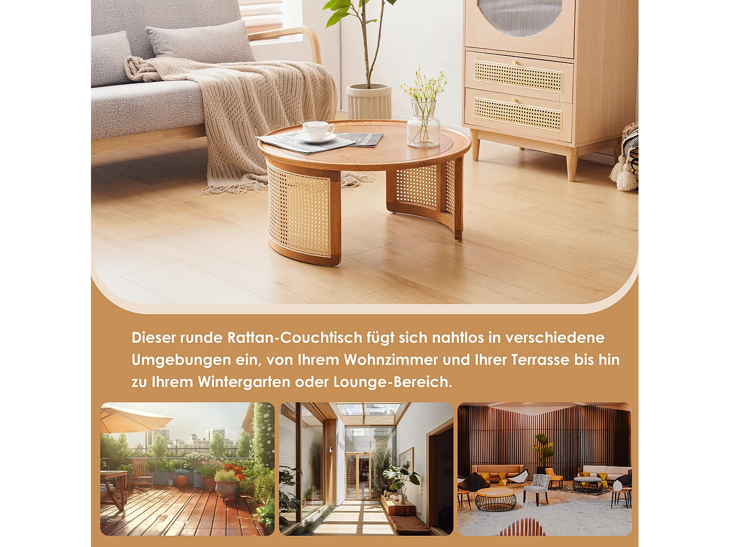 Ronde salontafel van massief hout, rotan decor, elegante bijzettafel, eikenkleur, 70 x 70 x 34 cm