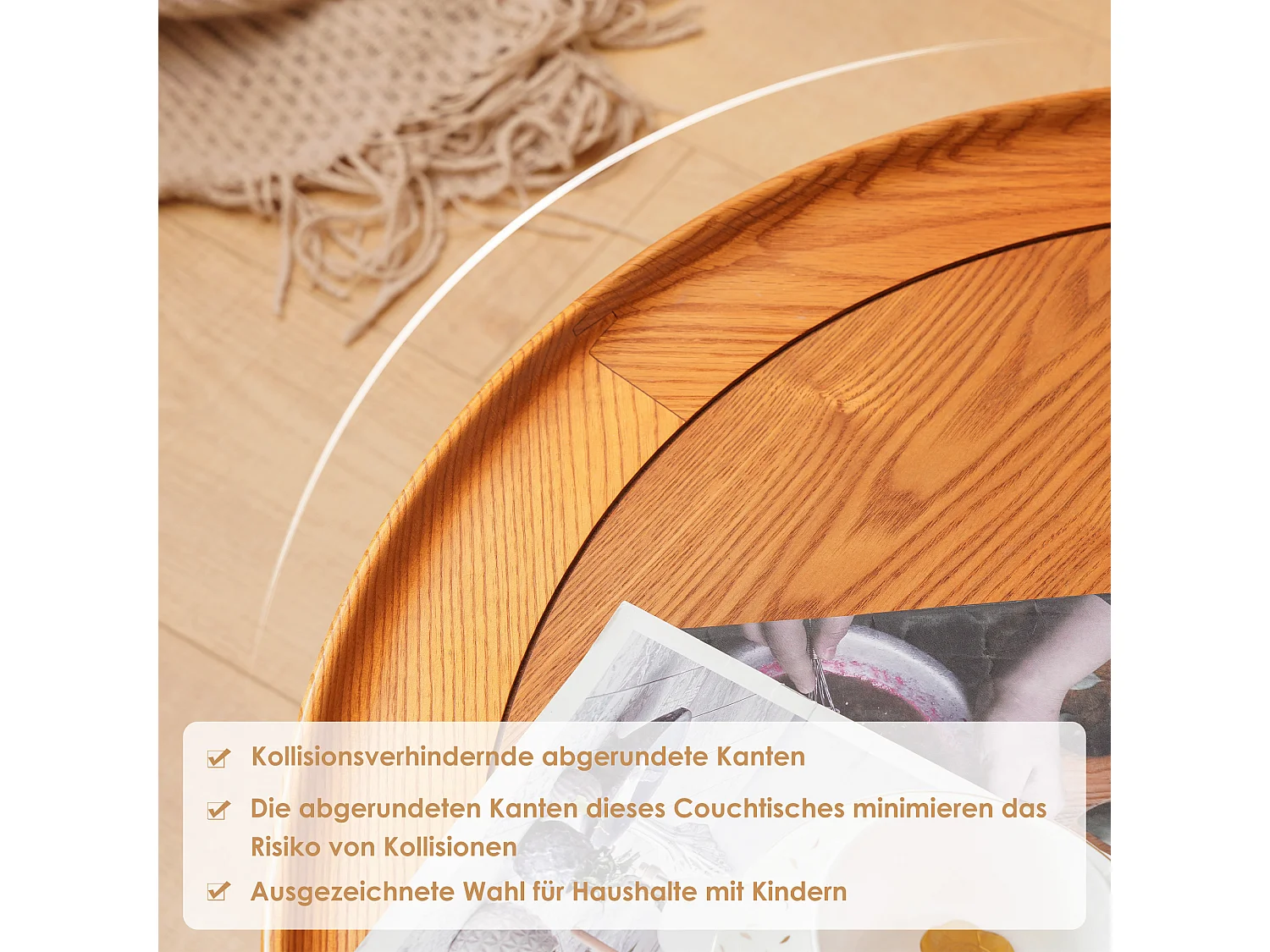 Ronde salontafel van massief hout, rotan decor, elegante bijzettafel, eikenkleur, 70 x 70 x 34 cm