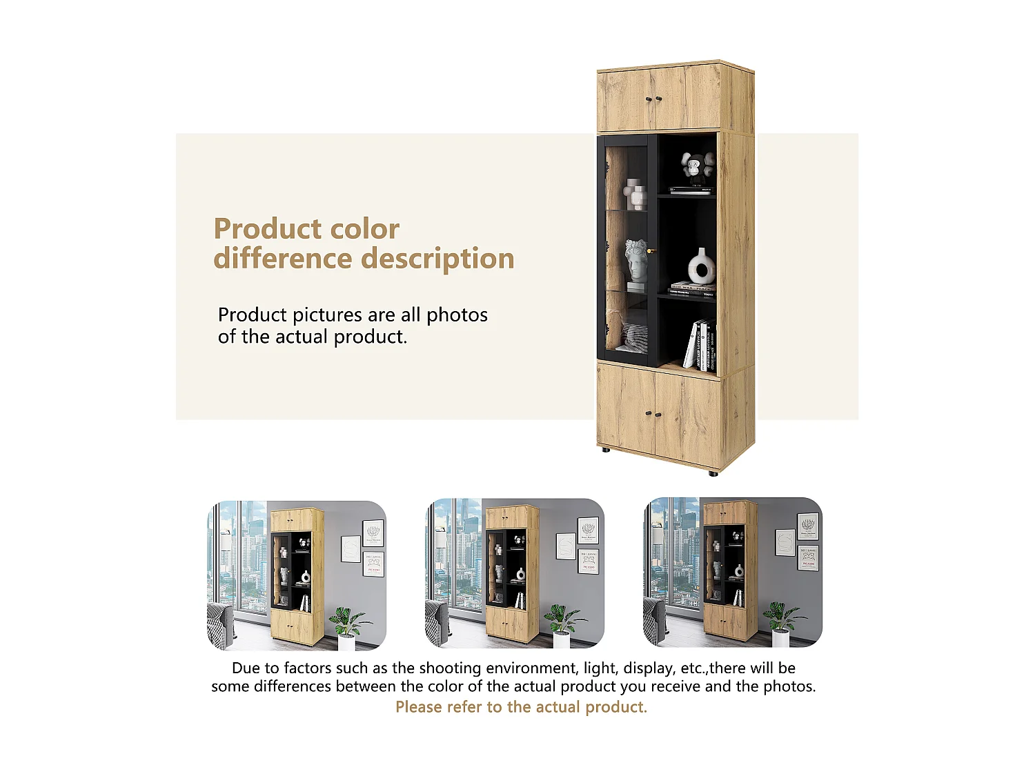 Vitrine avec 5 portes et 6 compartiments - Hauteur 185 - Panneaux de particules - coloris chêne - 65 x 40 x 185 cm