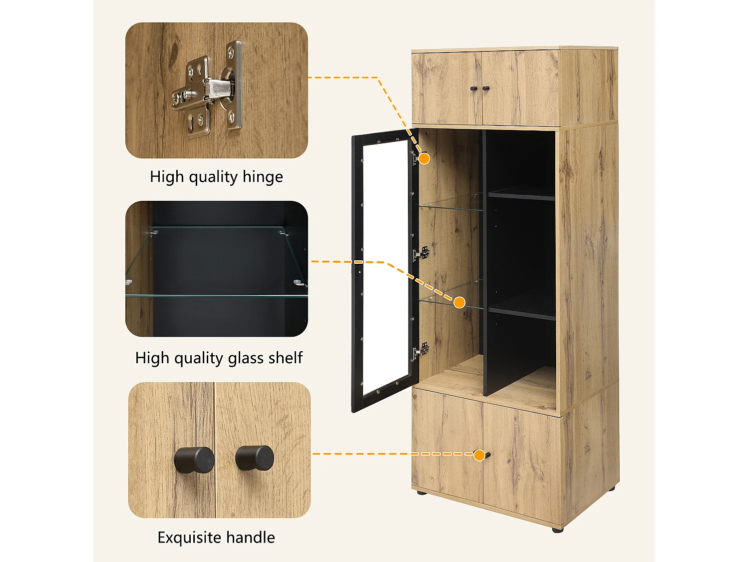Vitrine avec 5 portes et 6 compartiments - Hauteur 185 - Panneaux de particules - coloris chêne - 65 x 40 x 185 cm