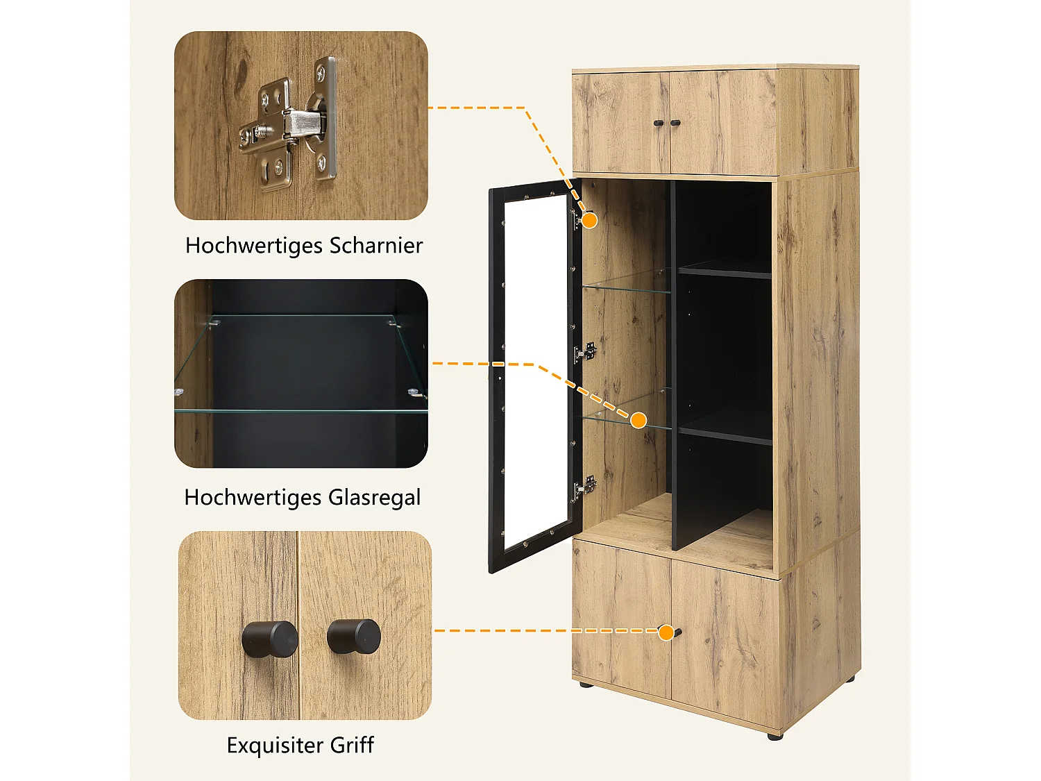 Vitrine avec 5 portes et 6 compartiments - Hauteur 185 - Panneaux de particules - coloris chêne - 65 x 40 x 185 cm