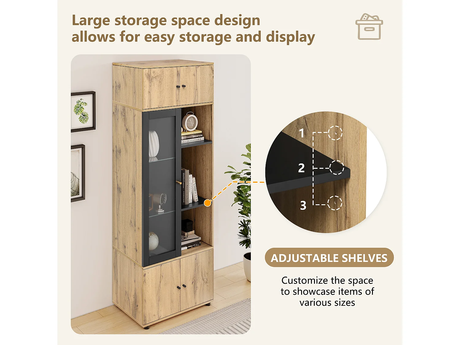 Vitrine avec 5 portes et 6 compartiments - Hauteur 185 - Panneaux de particules - coloris chêne - 65 x 40 x 185 cm